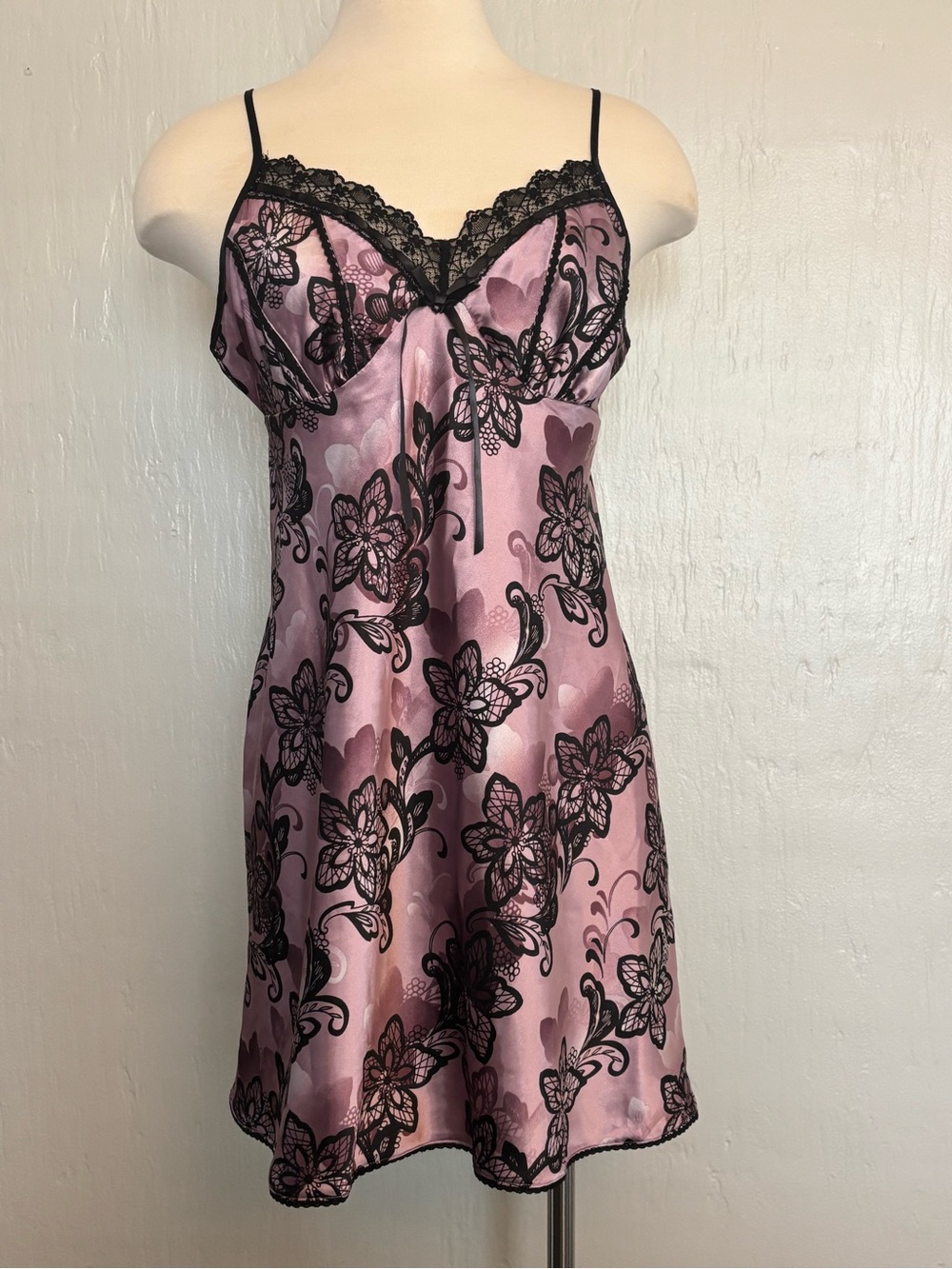 Pink Satin Babydoll Floral Slip Dress with Black Lace Trim Romantic Sz L